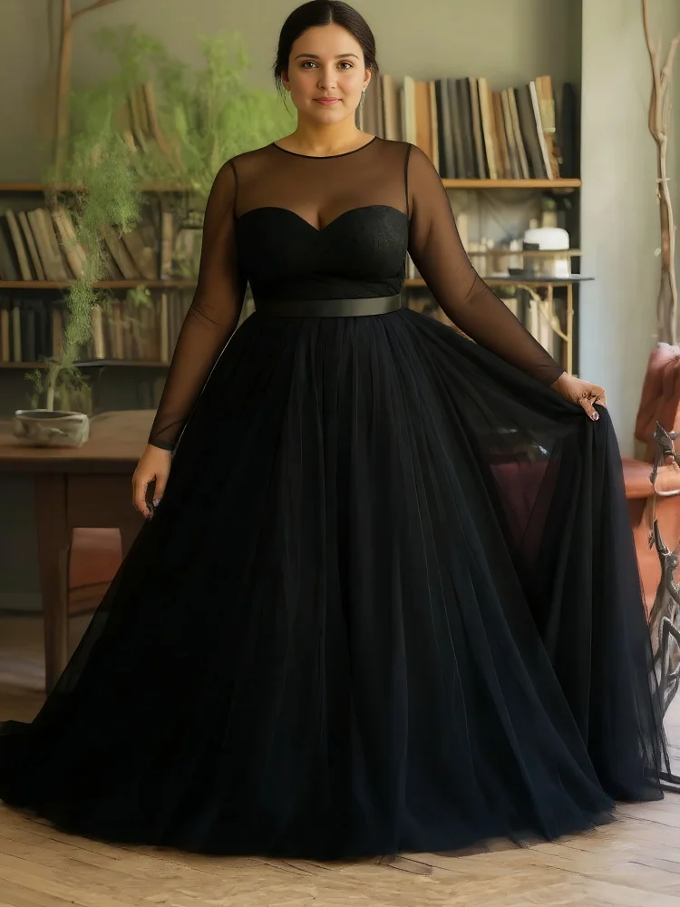 Plus Size Black Tulle Maxi Dress Women Sheer Mesh Long Sleeve Sweetheart Neck Belted Formal Evening Gown