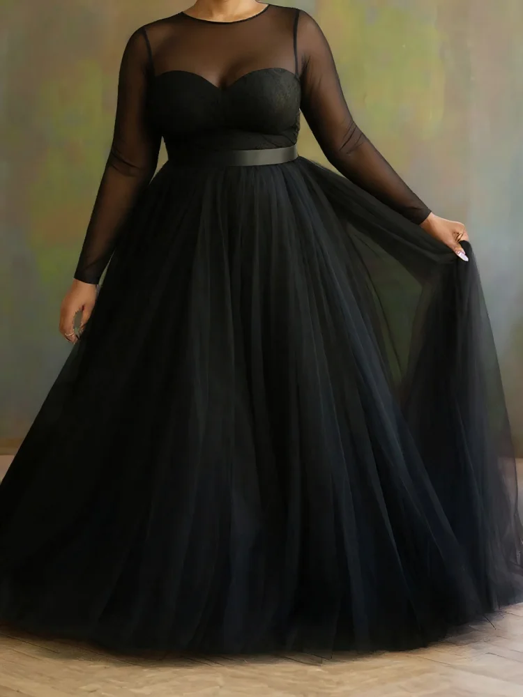 Plus Size Black Tulle Maxi Dress Women Sheer Mesh Long Sleeve Sweetheart Neck Belted Formal Evening Gown