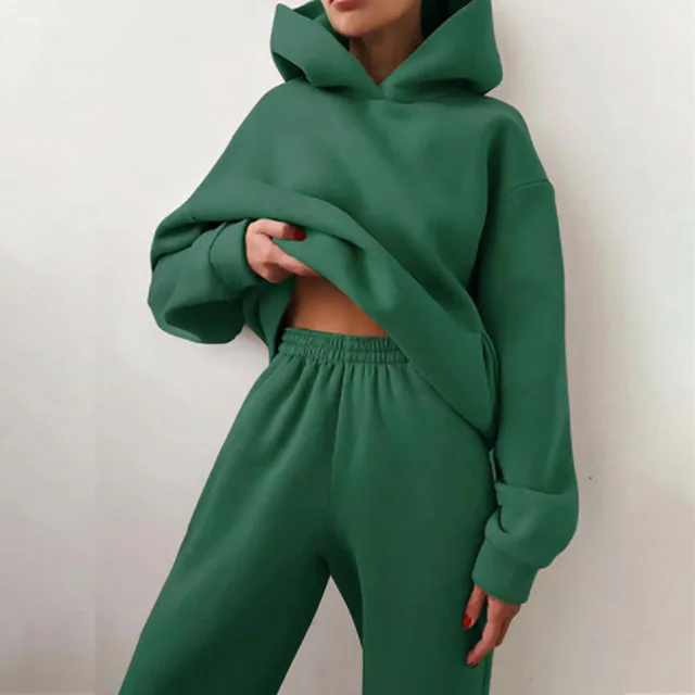 2026 Trend Casual Fashion Thickened Long-Sleeved Sweater And Pants Two-Piece Set with Cap for Women