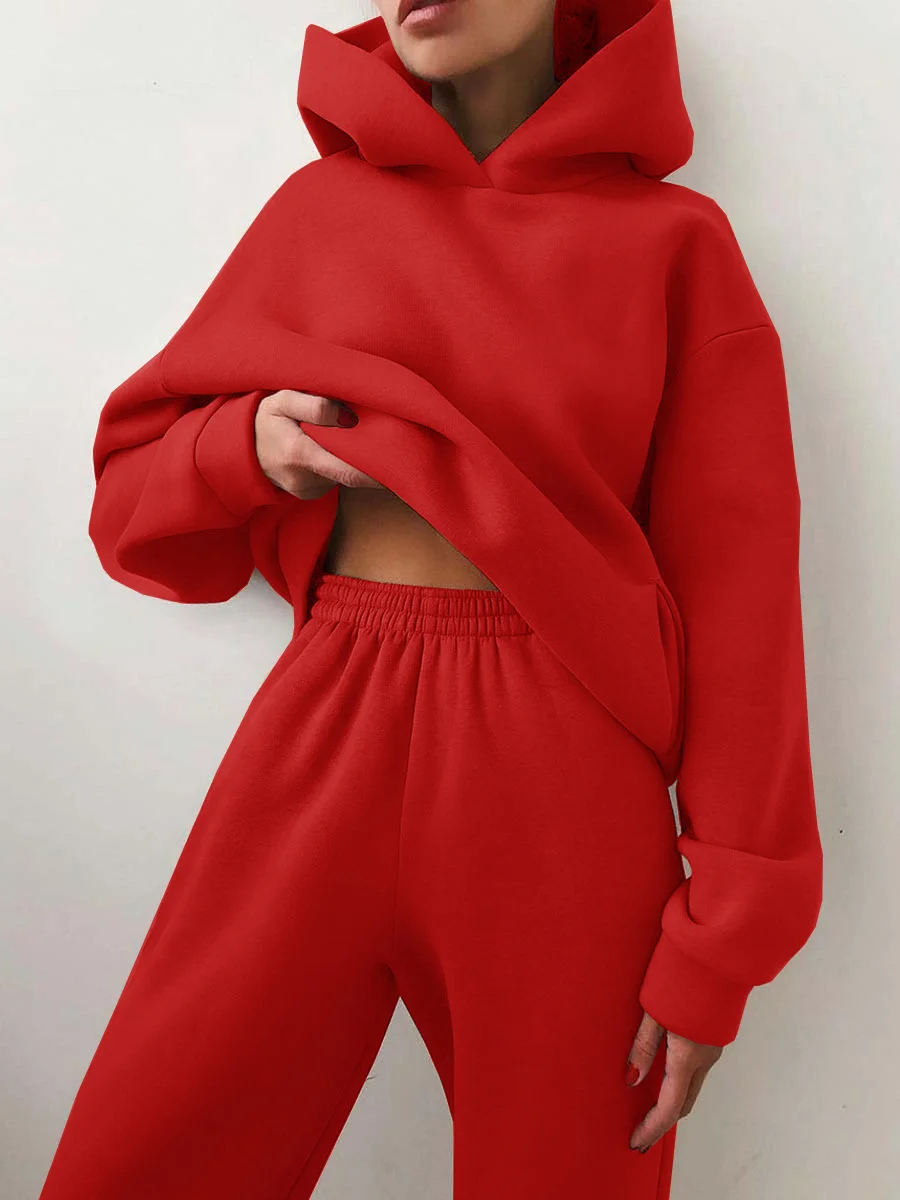 2026 Trend Casual Fashion Thickened Long-Sleeved Sweater And Pants Two-Piece Set with Cap for Women
