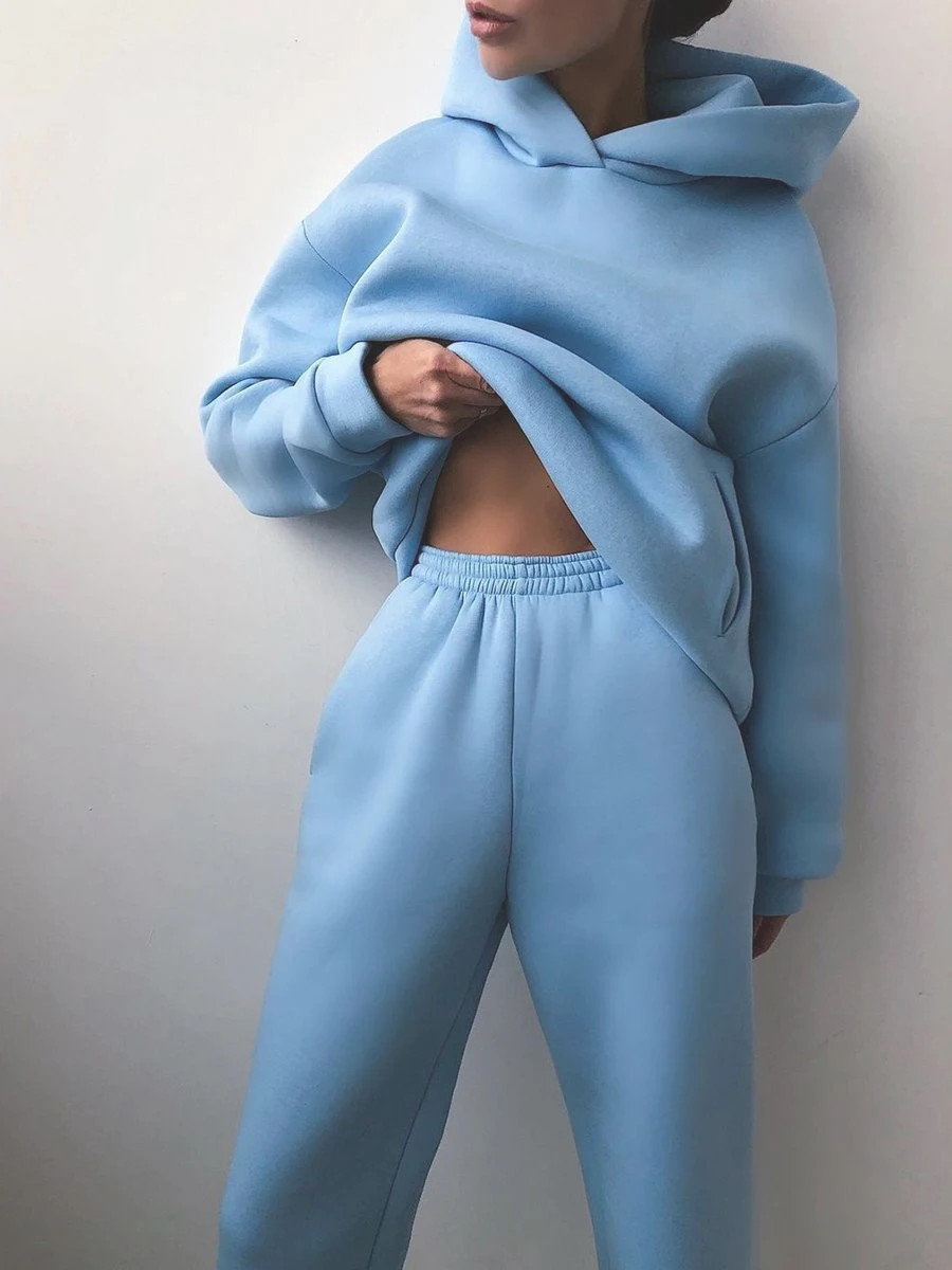2026 Trend Casual Fashion Thickened Long-Sleeved Sweater And Pants Two-Piece Set with Cap for Women