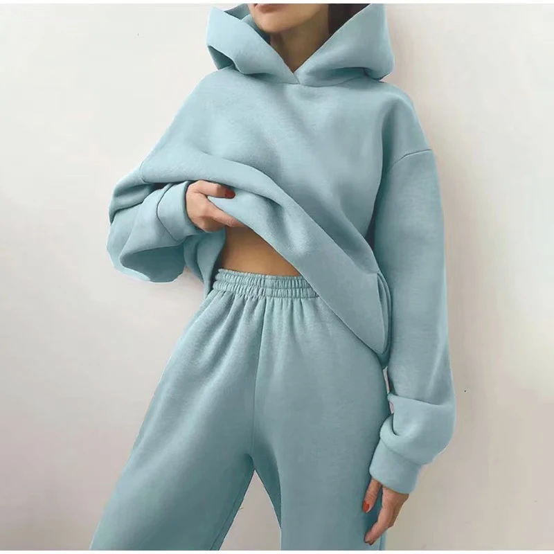 2026 Trend Casual Fashion Thickened Long-Sleeved Sweater And Pants Two-Piece Set with Cap for Women