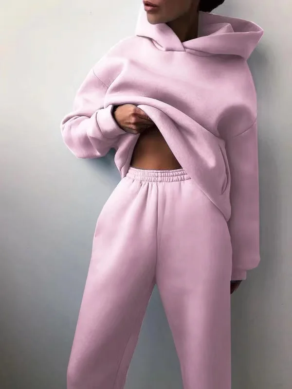 2026 Trend Casual Fashion Thickened Long-Sleeved Sweater And Pants Two-Piece Set with Cap for Women