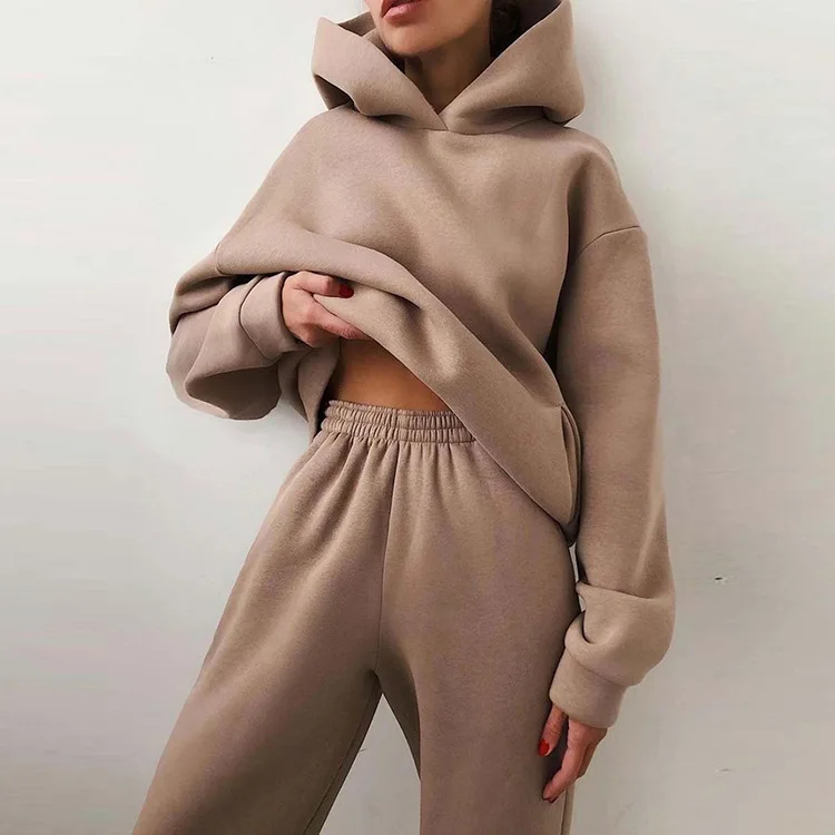 2026 Trend Casual Fashion Thickened Long-Sleeved Sweater And Pants Two-Piece Set with Cap for Women