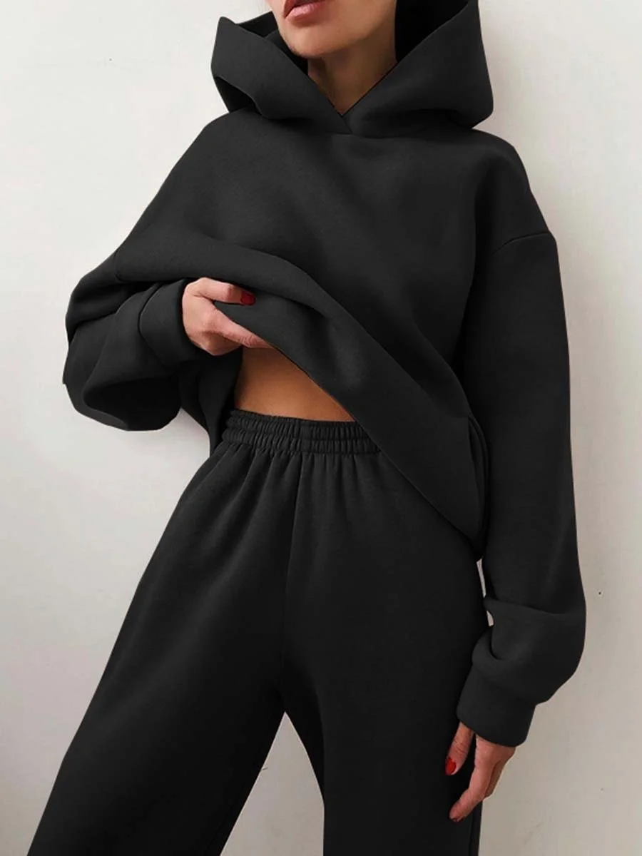 2026 Trend Casual Fashion Thickened Long-Sleeved Sweater And Pants Two-Piece Set with Cap for Women
