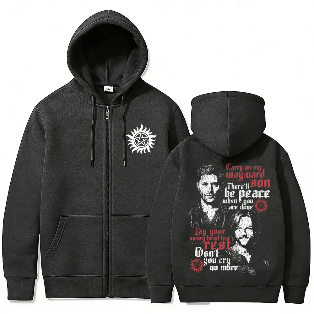 TV Series Supernatural Zipper Hoodie Men Women Clothing Fleece Cotton Oversized Zip Up Jacket Unisex Cosplay Merch Streetwear