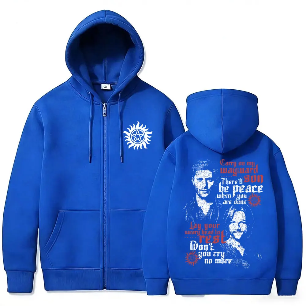 TV Series Supernatural Zipper Hoodie Men Women Clothing Fleece Cotton Oversized Zip Up Jacket Unisex Cosplay Merch Streetwear