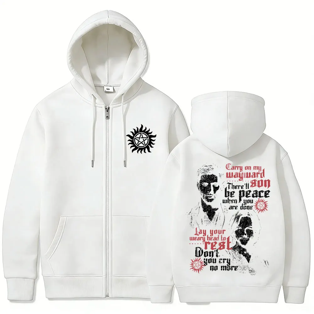 TV Series Supernatural Zipper Hoodie Men Women Clothing Fleece Cotton Oversized Zip Up Jacket Unisex Cosplay Merch Streetwear