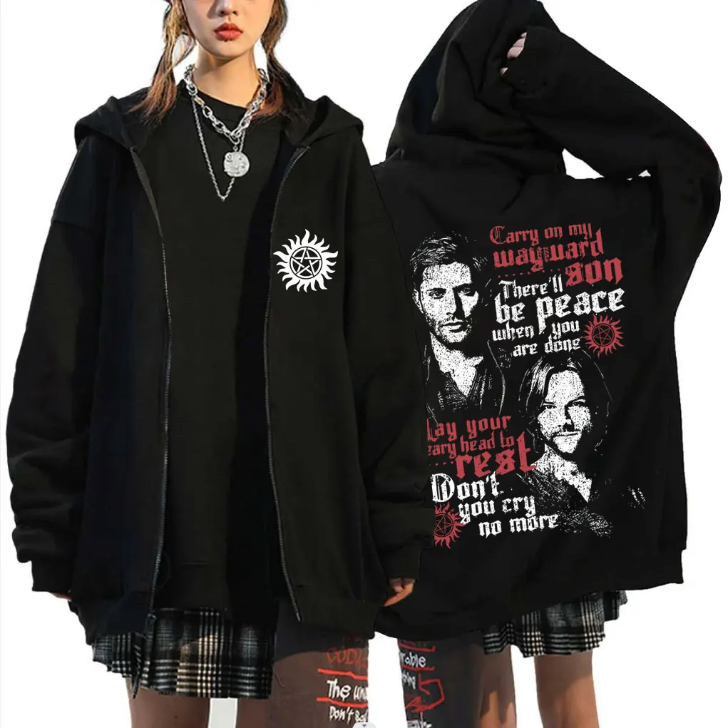 TV Series Supernatural Zipper Hoodie Men Women Clothing Fleece Cotton Oversized Zip Up Jacket Unisex Cosplay Merch Streetwear