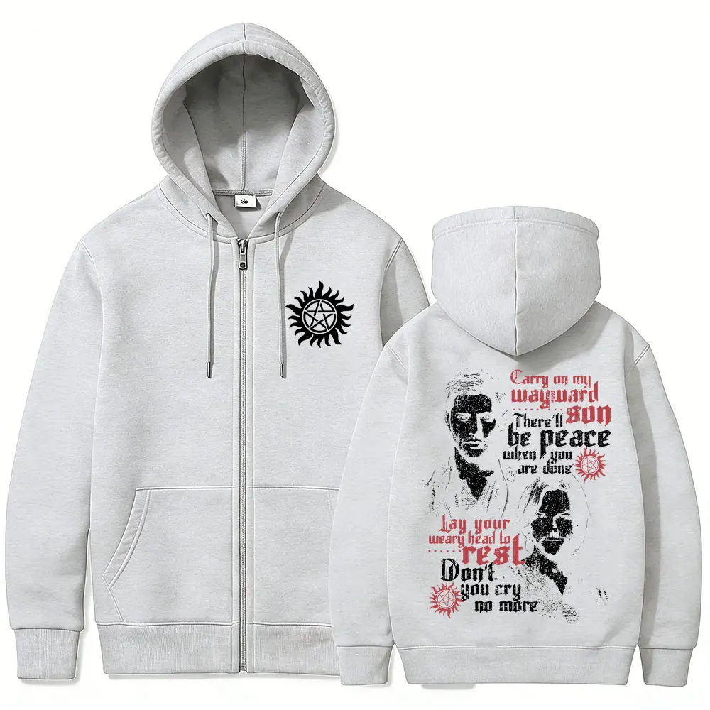 TV Series Supernatural Zipper Hoodie Men Women Clothing Fleece Cotton Oversized Zip Up Jacket Unisex Cosplay Merch Streetwear