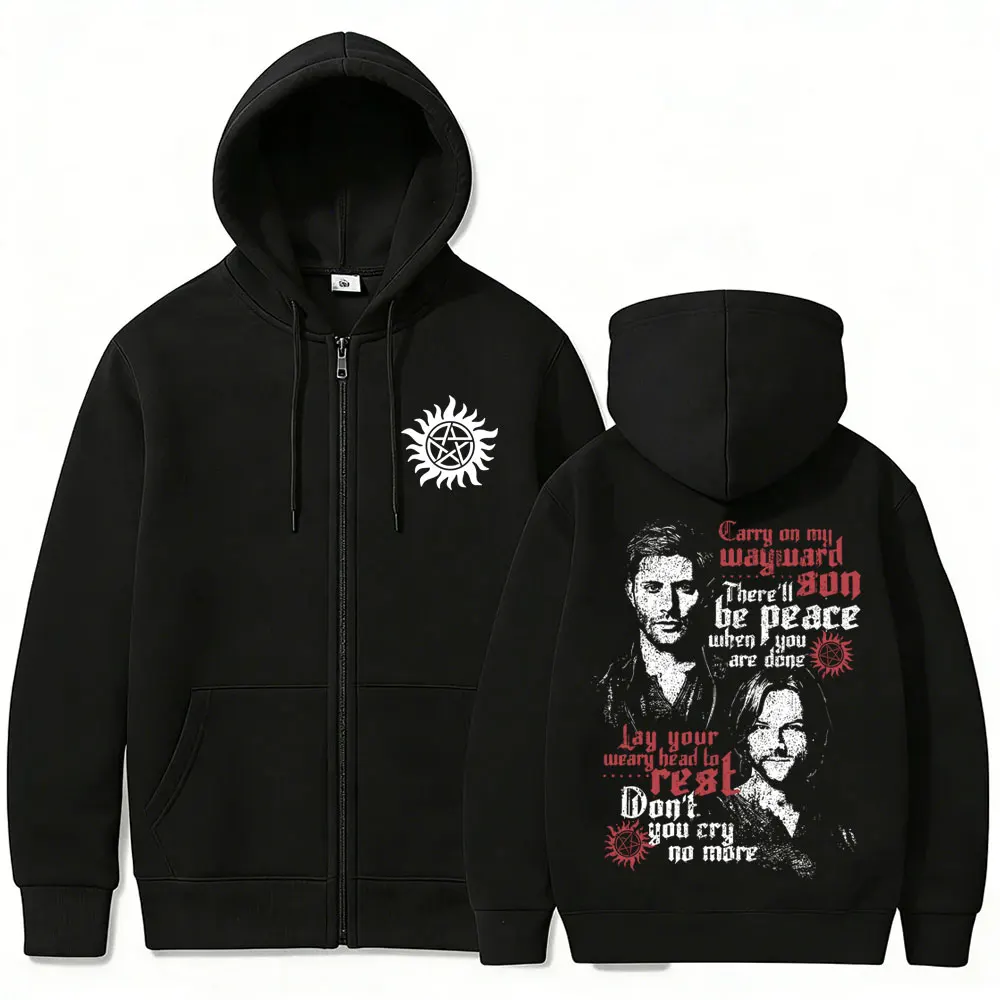 TV Series Supernatural Zipper Hoodie Men Women Clothing Fleece Cotton Oversized Zip Up Jacket Unisex Cosplay Merch Streetwear
