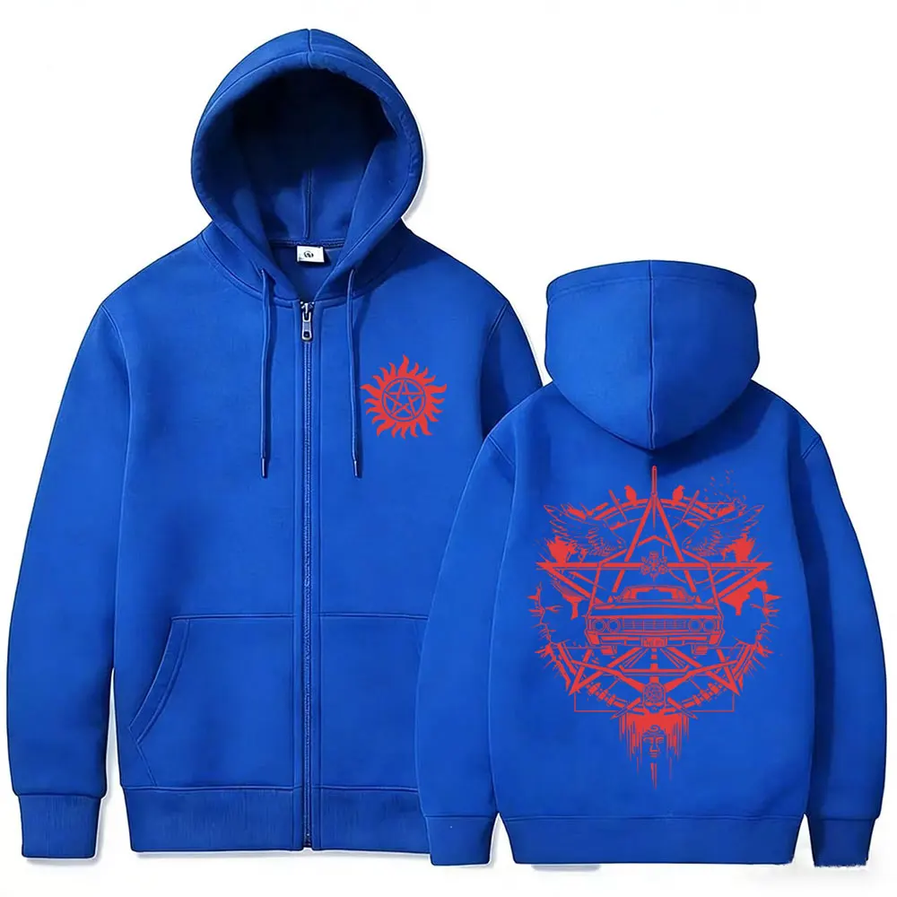 Supernatural Graphic Zipper Hoodie Men Women Casual Retro Fleece Cotton Zip Up Jacket Unisex Cosplay Oversized Zip Up Sweatshirt