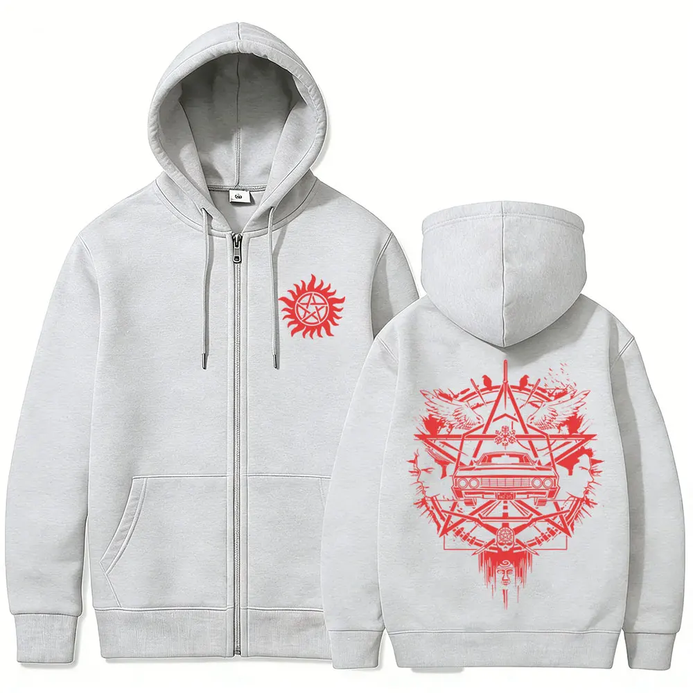 Supernatural Graphic Zipper Hoodie Men Women Casual Retro Fleece Cotton Zip Up Jacket Unisex Cosplay Oversized Zip Up Sweatshirt