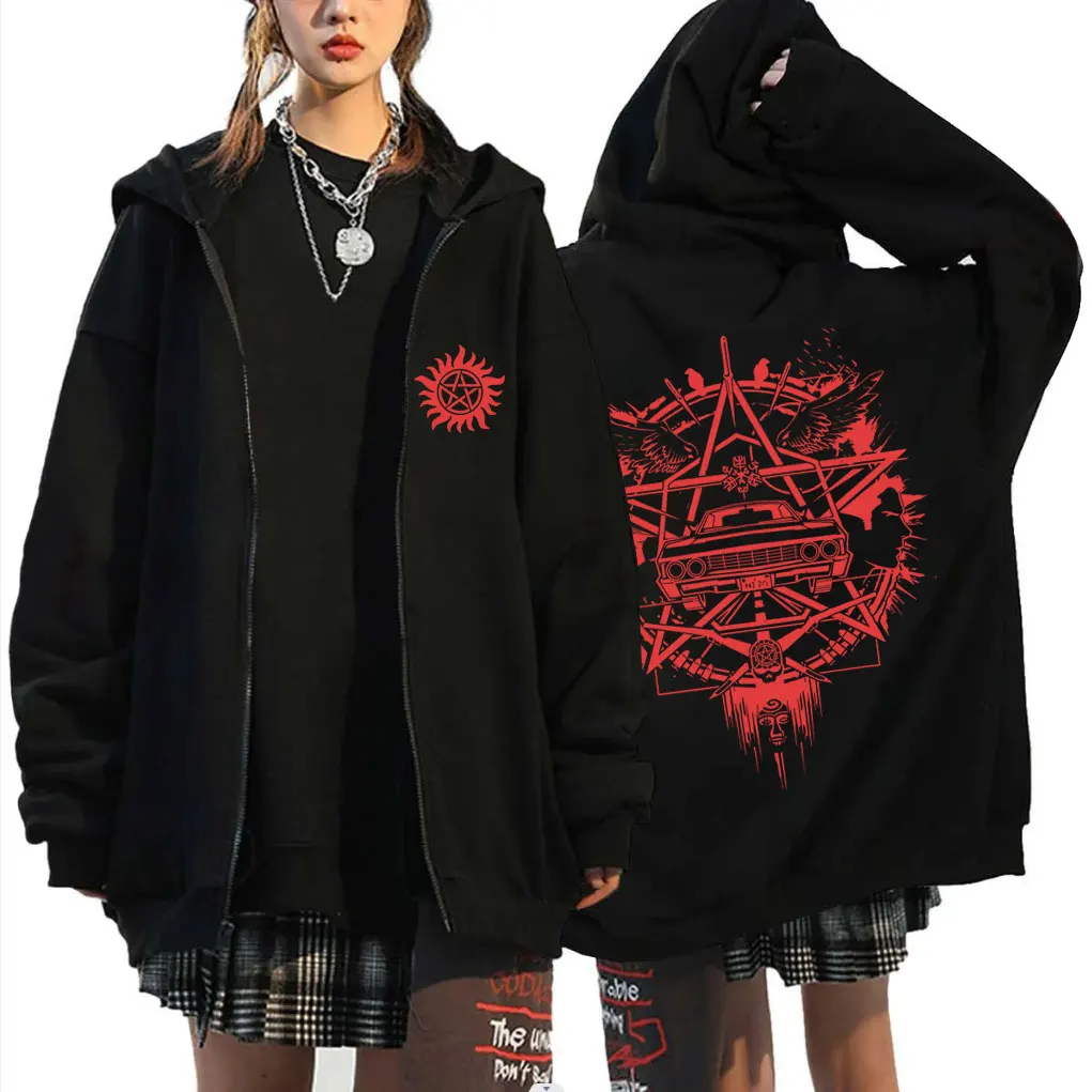 Supernatural Graphic Zipper Hoodie Men Women Casual Retro Fleece Cotton Zip Up Jacket Unisex Cosplay Oversized Zip Up Sweatshirt