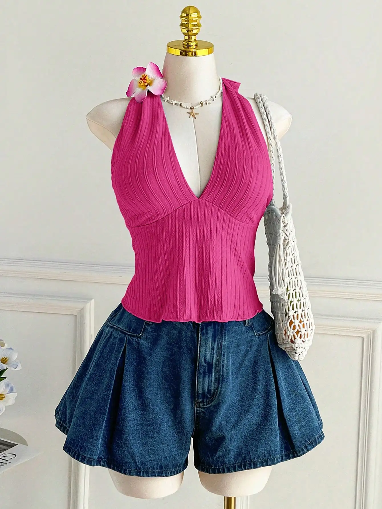 Plus Size Women's Ribbed Halter Cami Top V Neck Back Tie Bow Sleeveless Solid Crop Tank Top