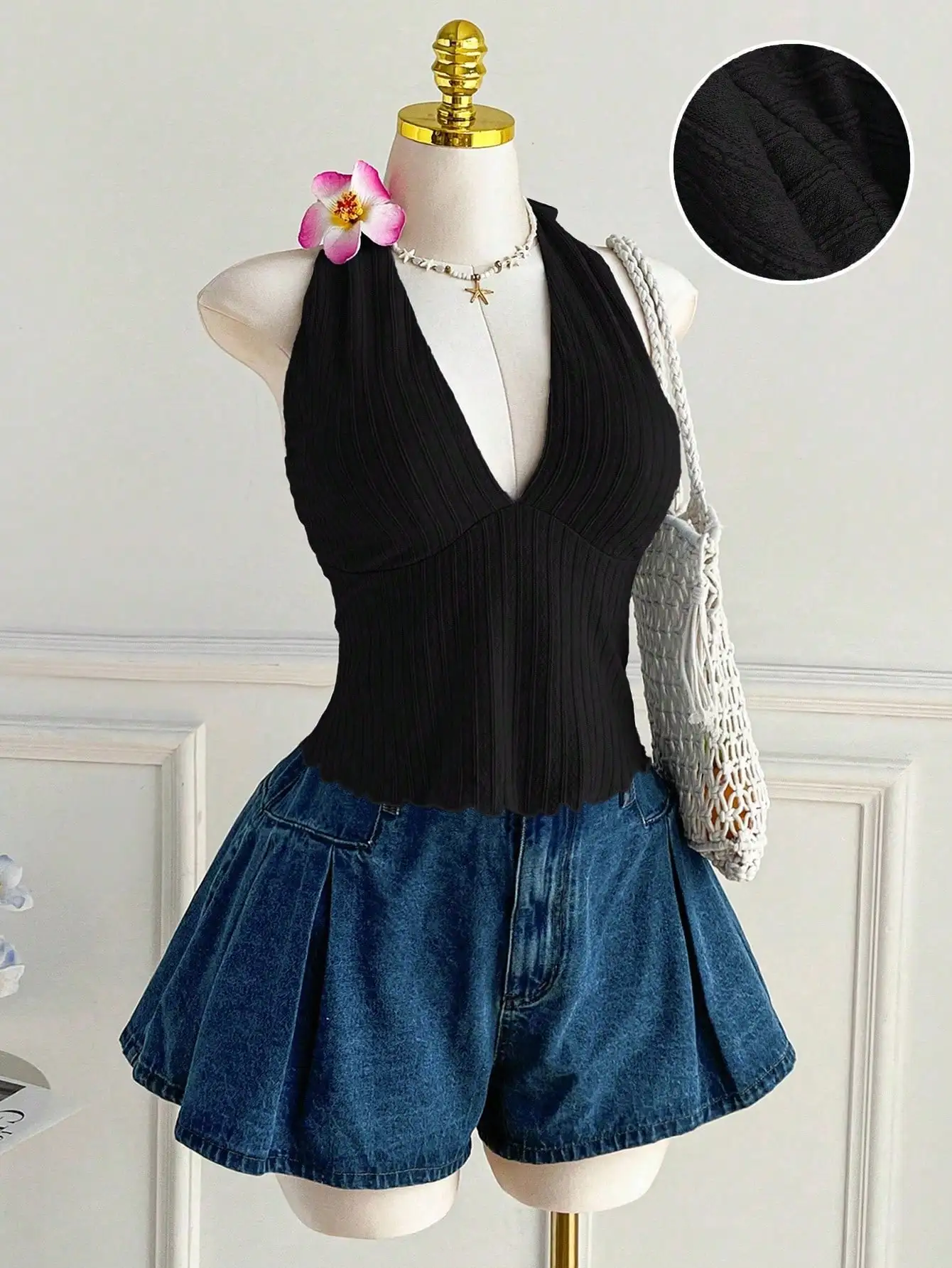 Plus Size Women's Ribbed Halter Cami Top V Neck Back Tie Bow Sleeveless Solid Crop Tank Top