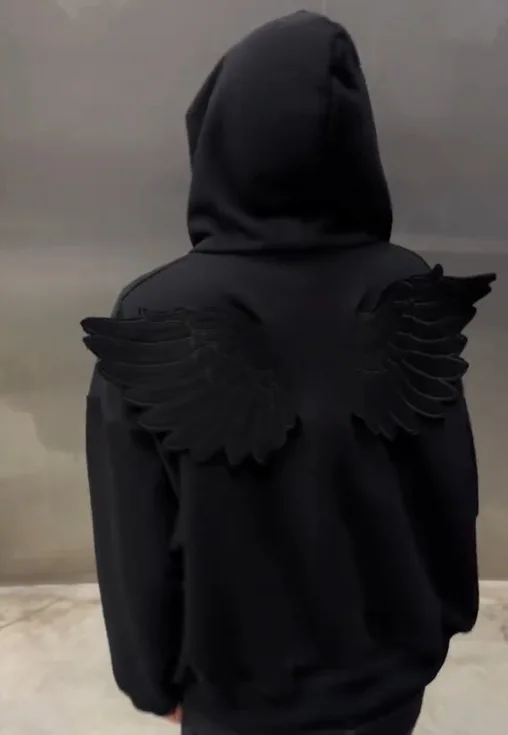 Spring New Cute Personality Street Trend Angel Wings Hooded Solid Color Zipper Sweater for Men and Women Ins Style