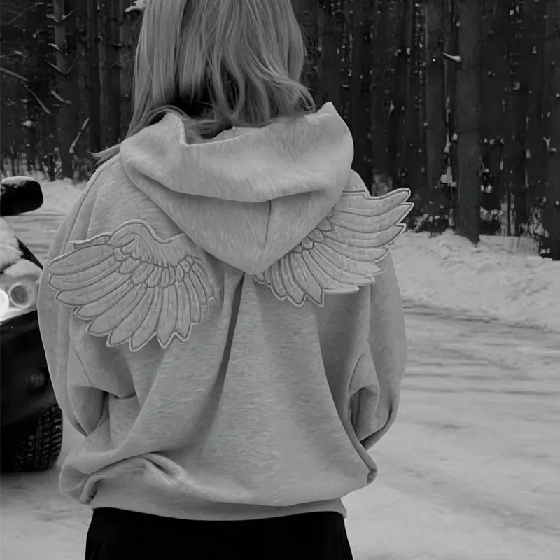 Spring New Cute Personality Street Trend Angel Wings Hooded Solid Color Zipper Sweater for Men and Women Ins Style