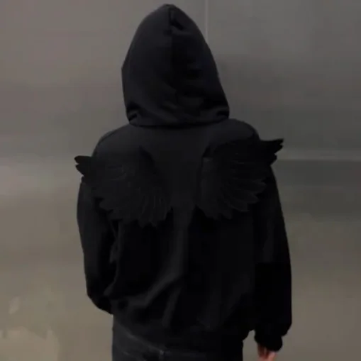 Spring New Cute Personality Street Trend Angel Wings Hooded Solid Color Zipper Sweater for Men and Women Ins Style