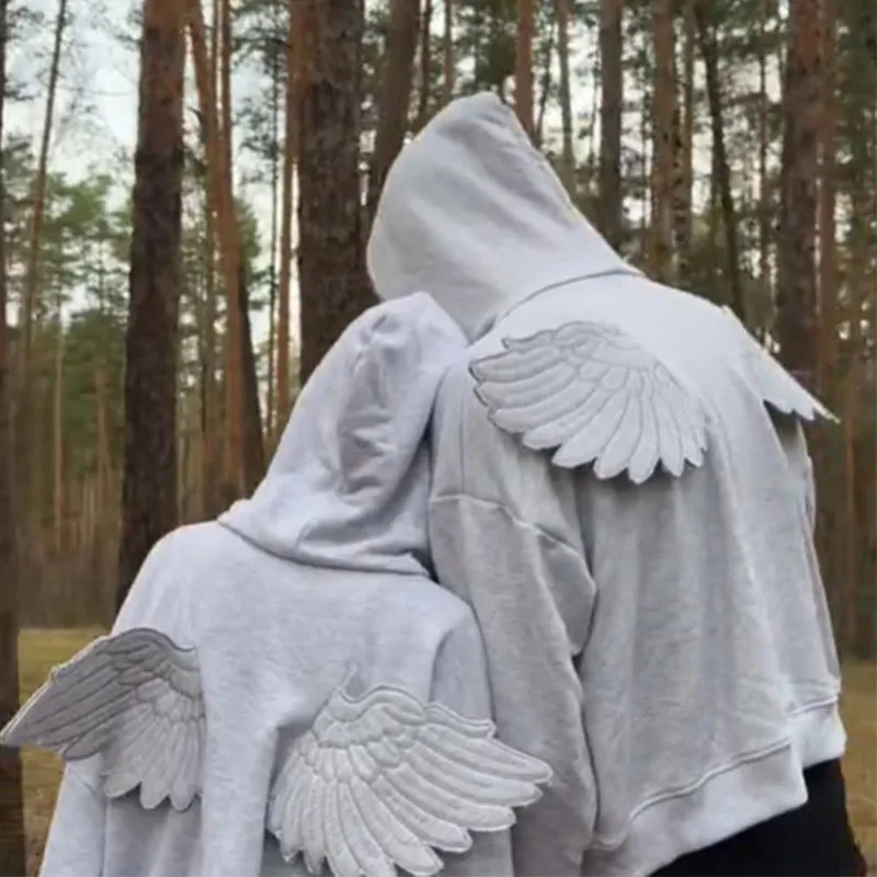 Spring New Cute Personality Street Trend Angel Wings Hooded Solid Color Zipper Sweater for Men and Women Ins Style