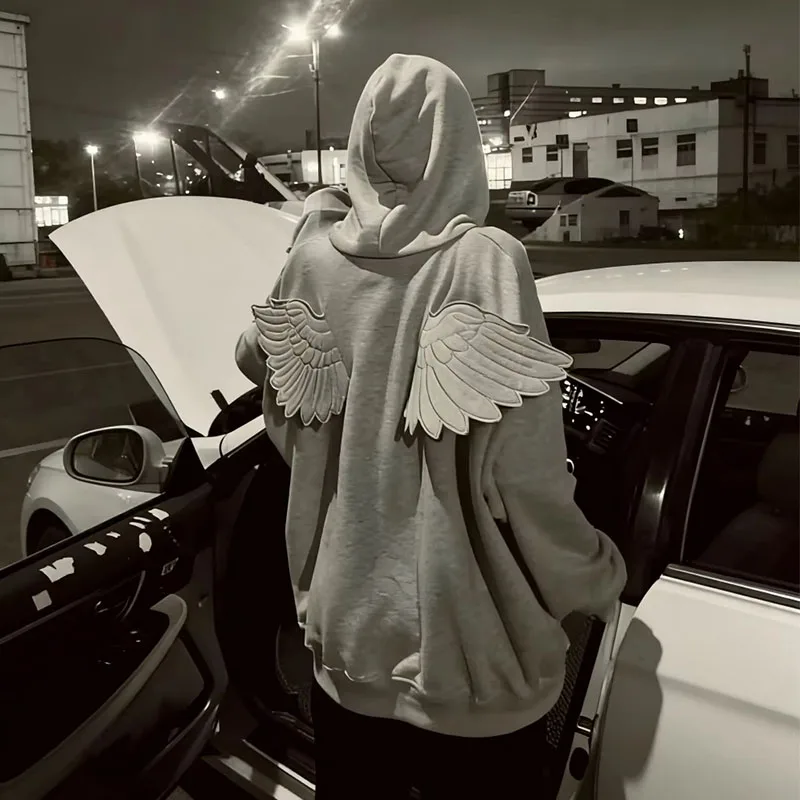Spring New Cute Personality Street Trend Angel Wings Hooded Solid Color Zipper Sweater for Men and Women Ins Style