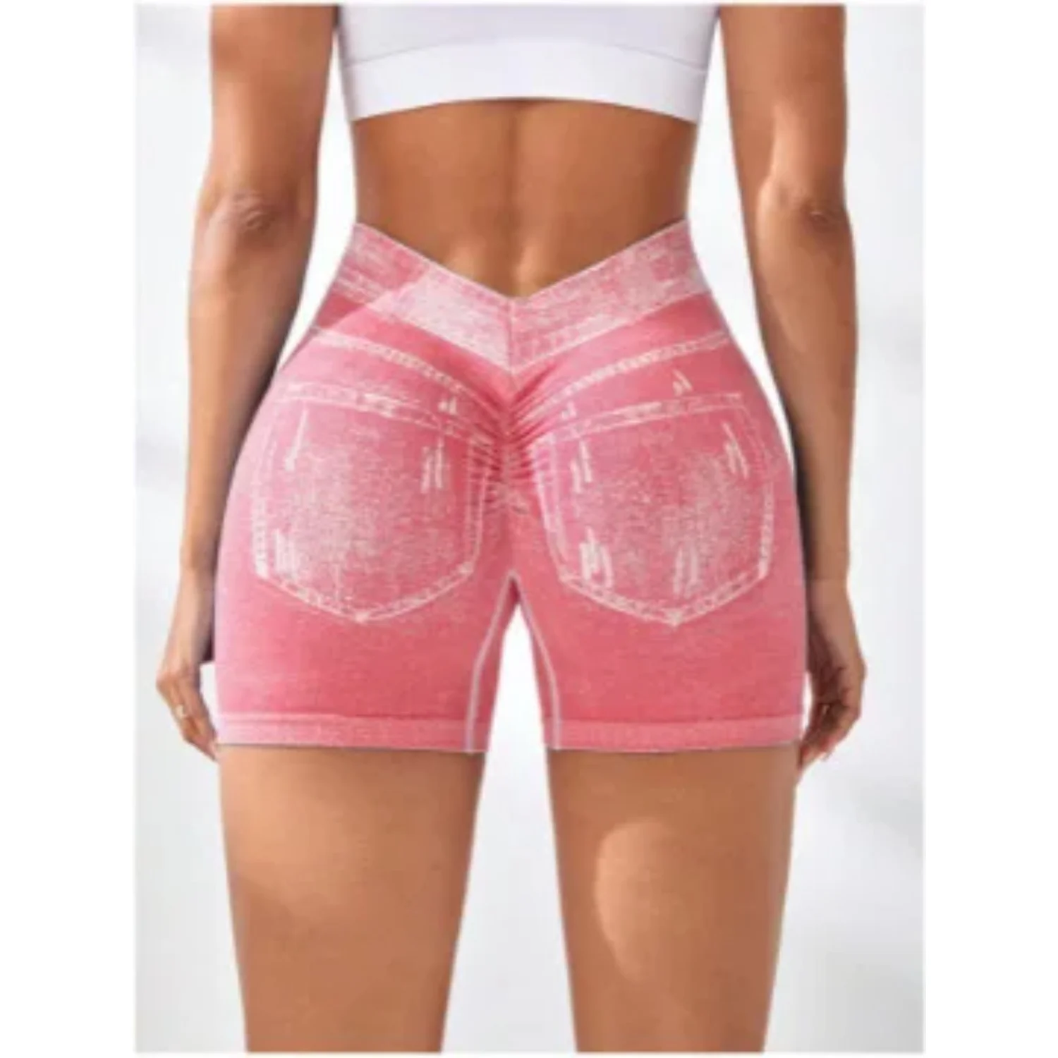 Women V back Shorts Faux Jeans Elastic Workout Sports Yoga Pants Butt Lifting Leggins Fitness Athletic Short Tights Seamless