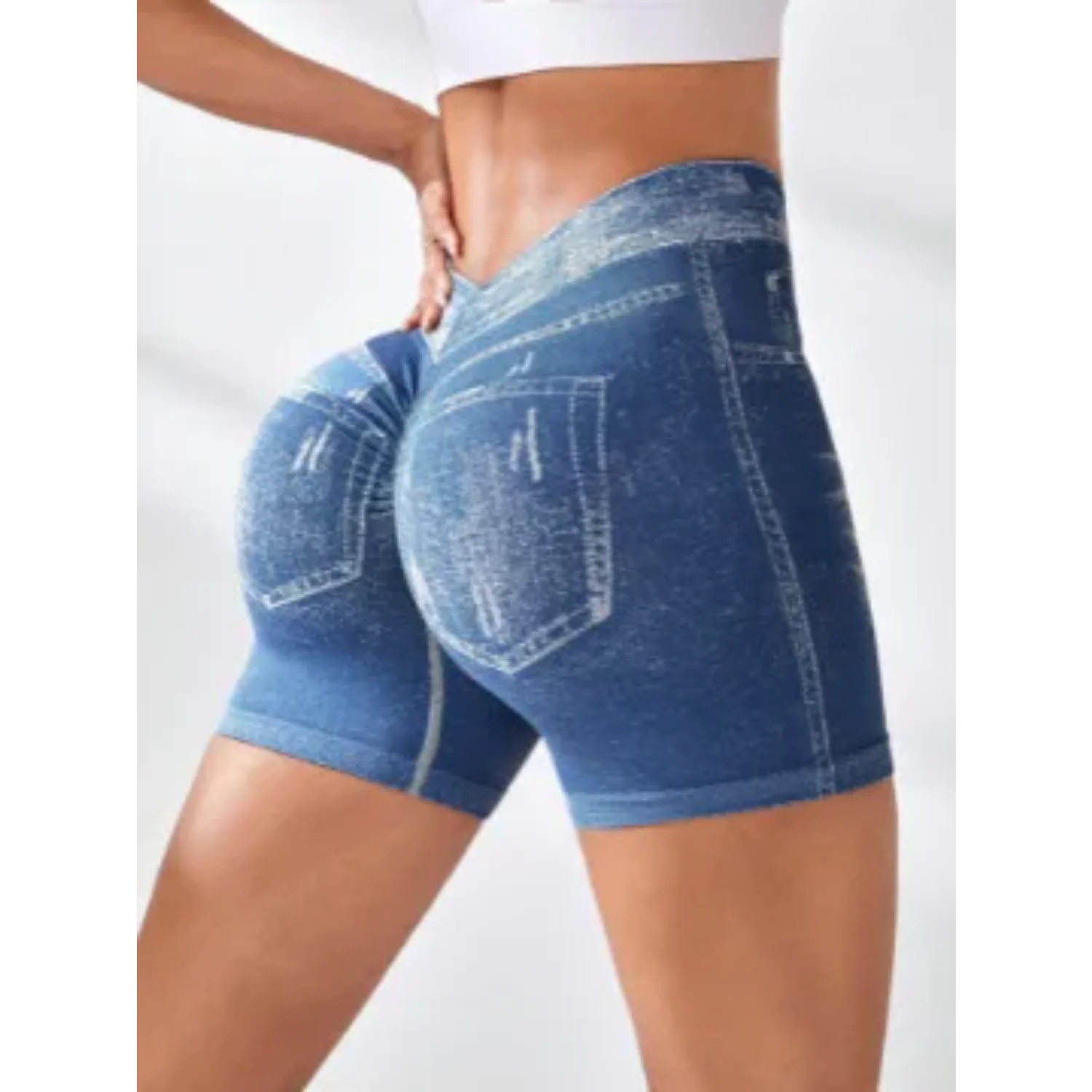 Women V back Shorts Faux Jeans Elastic Workout Sports Yoga Pants Butt Lifting Leggins Fitness Athletic Short Tights Seamless