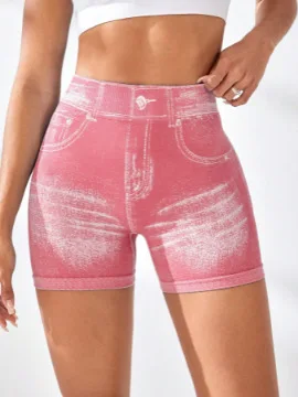 Women V back Shorts Faux Jeans Elastic Workout Sports Yoga Pants Butt Lifting Leggins Fitness Athletic Short Tights Seamless