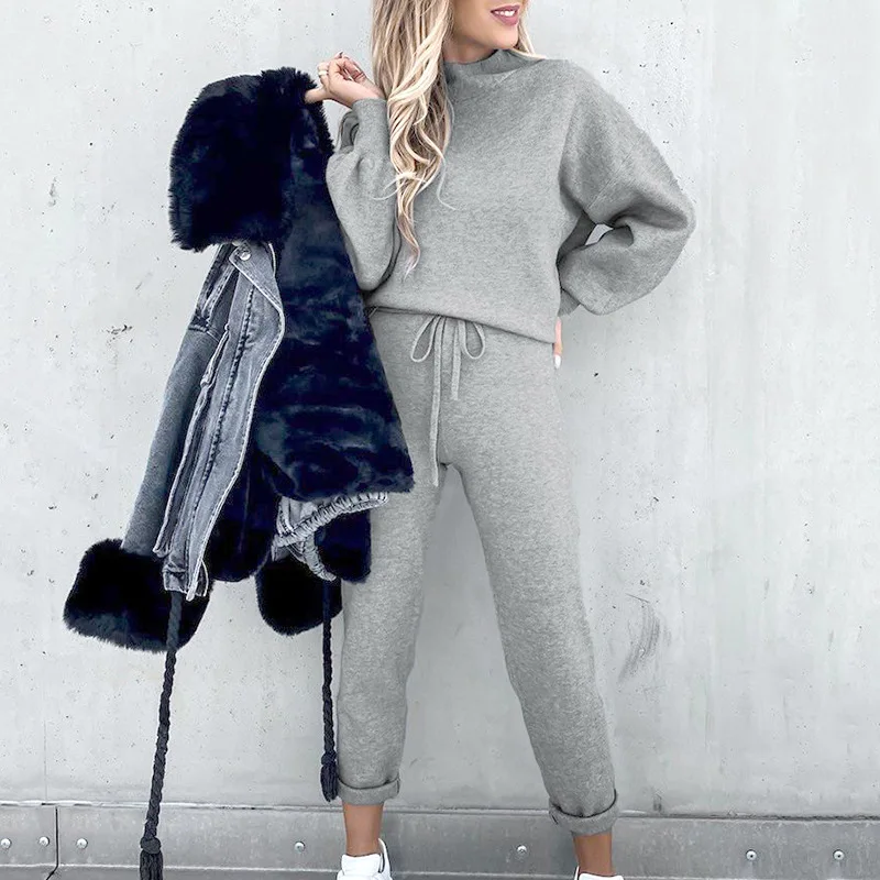 Women's High Collar Sweater Pure Color Trousers 2-Piece Set Casual Autumn Winter Fashion Ensemble
