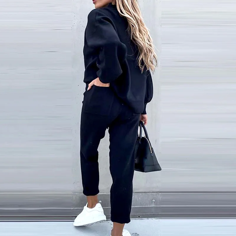 Women's High Collar Sweater Pure Color Trousers 2-Piece Set Casual Autumn Winter Fashion Ensemble