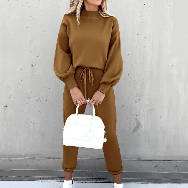Women's High Collar Sweater Pure Color Trousers 2-Piece Set Casual Autumn Winter Fashion Ensemble