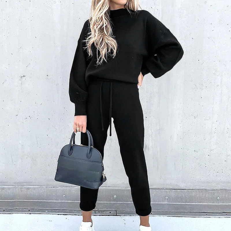 Women's High Collar Sweater Pure Color Trousers 2-Piece Set Casual Autumn Winter Fashion Ensemble