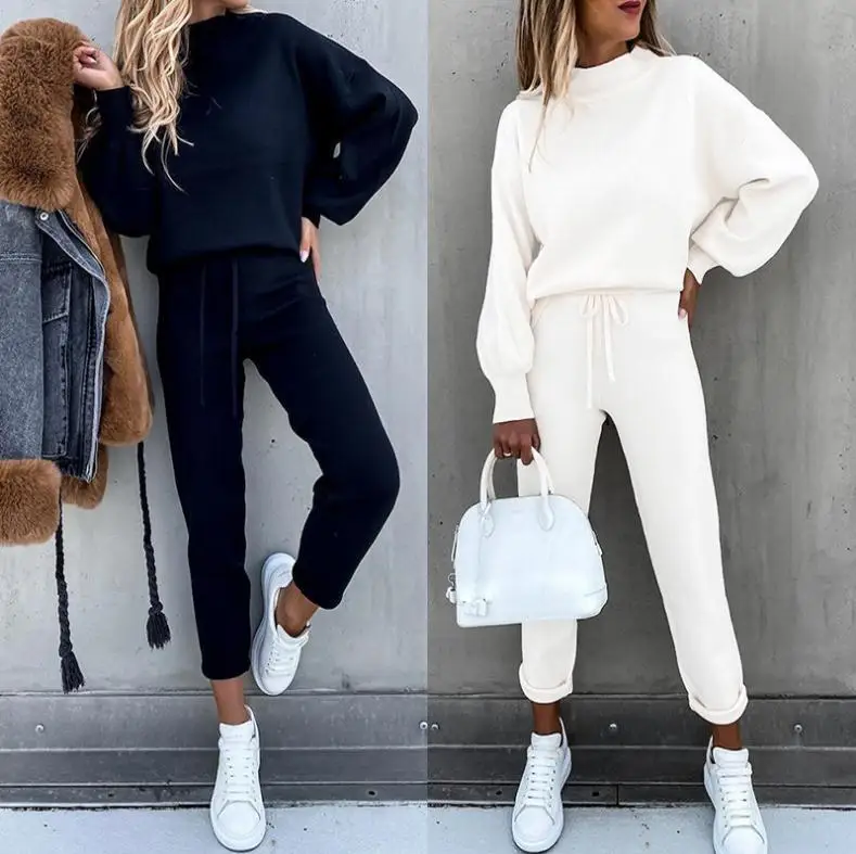 Women's High Collar Sweater Pure Color Trousers 2-Piece Set Casual Autumn Winter Fashion Ensemble