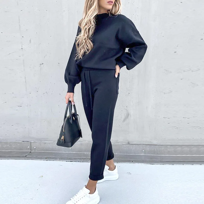 Women's High Collar Sweater Pure Color Trousers 2-Piece Set Casual Autumn Winter Fashion Ensemble