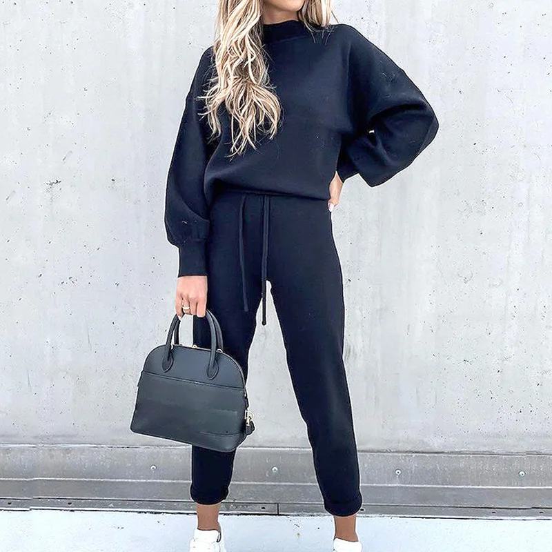 Women's High Collar Sweater Pure Color Trousers 2-Piece Set Casual Autumn Winter Fashion Ensemble