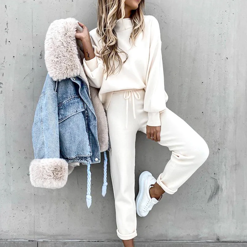 Women's High Collar Sweater Pure Color Trousers 2-Piece Set Casual Autumn Winter Fashion Ensemble