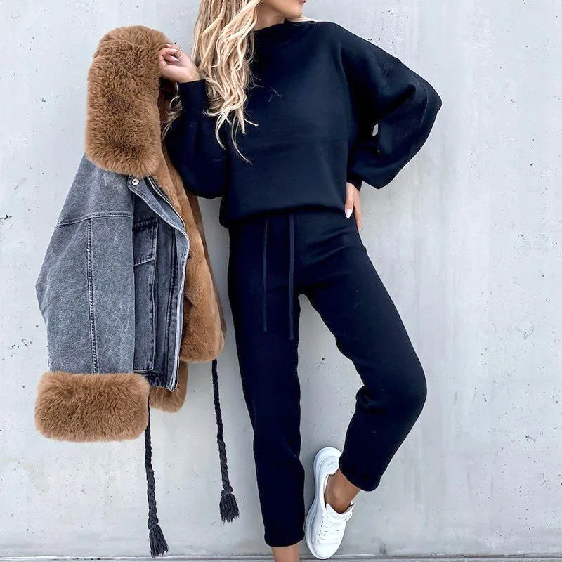 Women's High Collar Sweater Pure Color Trousers 2-Piece Set Casual Autumn Winter Fashion Ensemble