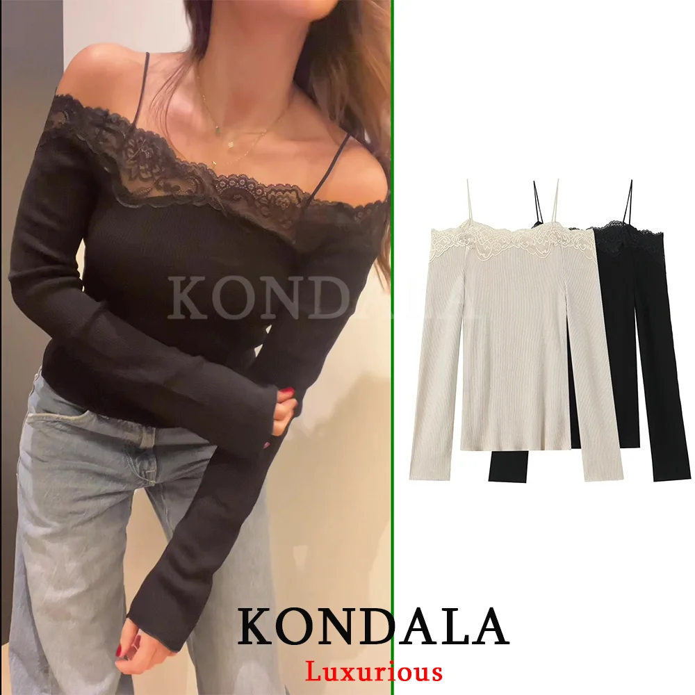 KONDALA Vintage Casual Chic Women Top Solid Slash Neck Long Sleeve Lace Slim Tops New Fashion 2026 Spring Summer Holiday T-shirt