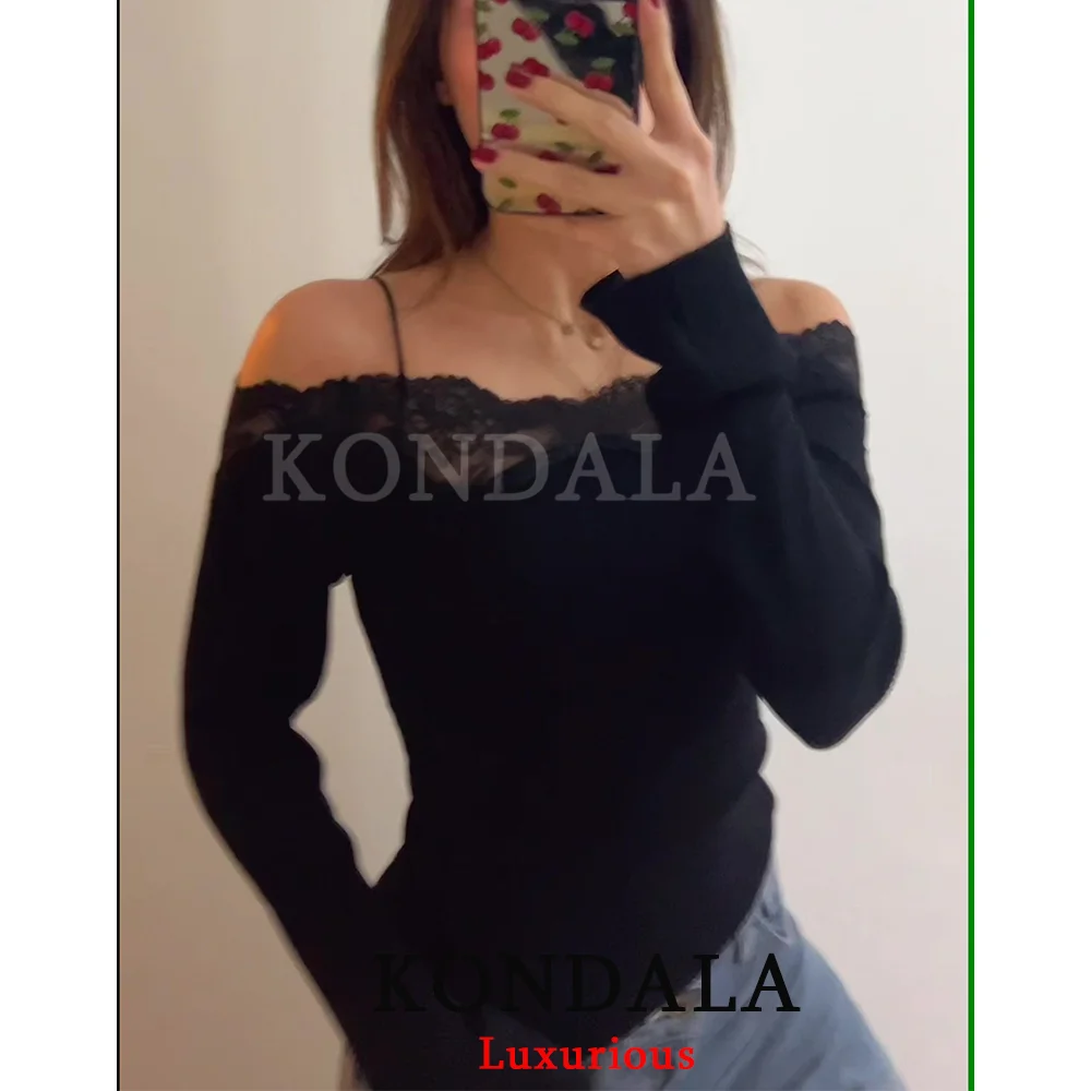 KONDALA Vintage Casual Chic Women Top Solid Slash Neck Long Sleeve Lace Slim Tops New Fashion 2026 Spring Summer Holiday T-shirt