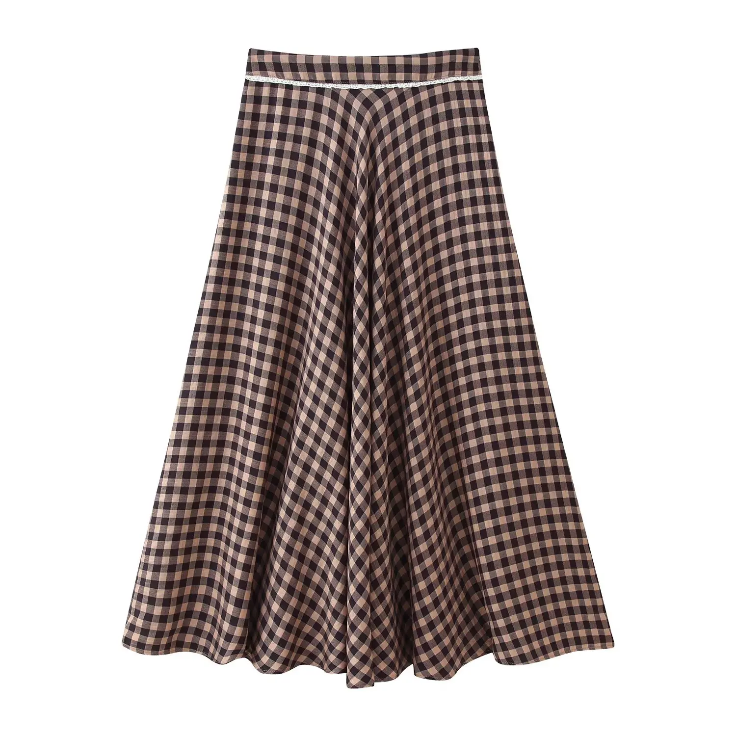 KONDALA Vintage Modern Plaid Streetwear Floral Lace Long Skirt Folds Elegant Fashion 2026 Spring Chic Brown A-Line Female Skirt