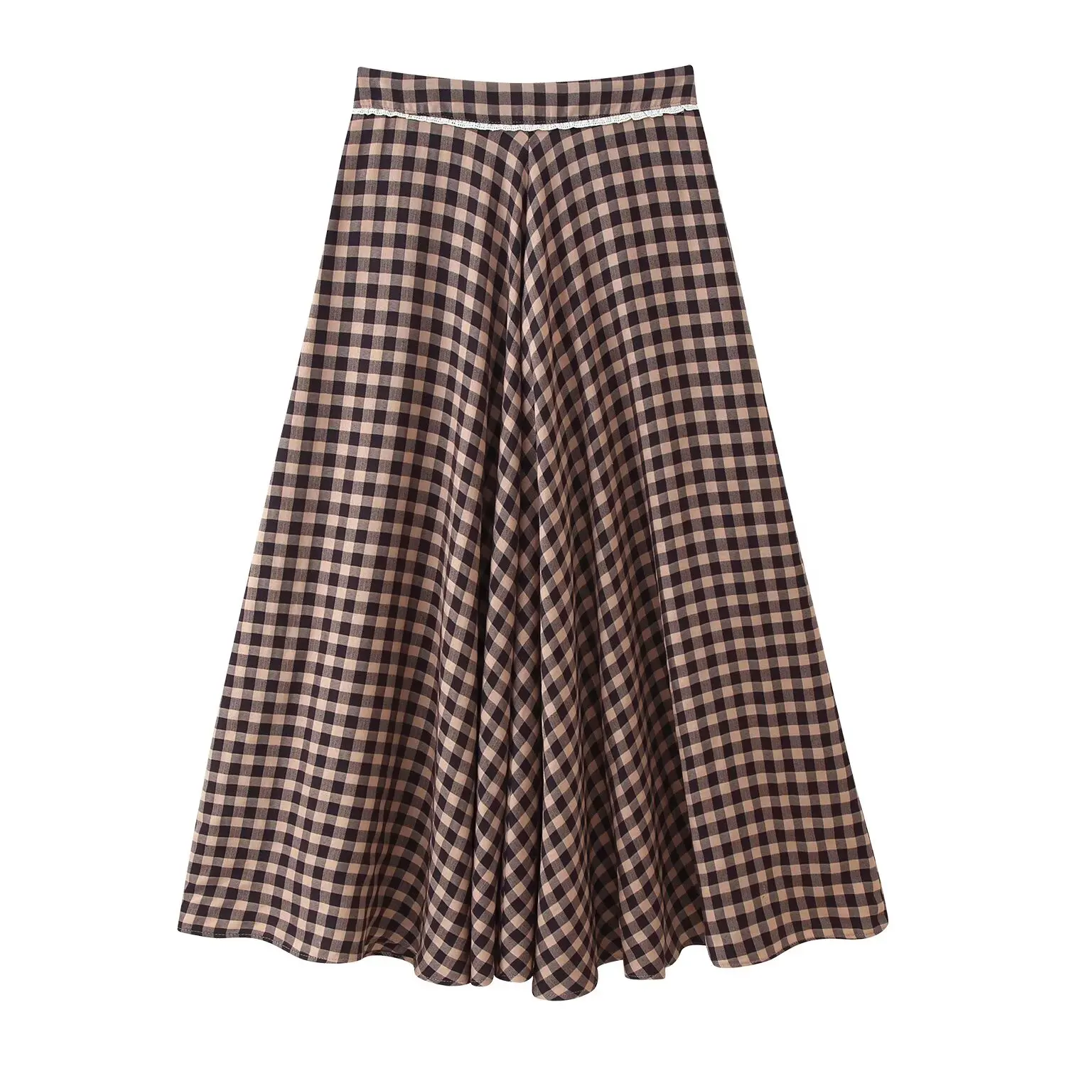 KONDALA Vintage Modern Plaid Streetwear Floral Lace Long Skirt Folds Elegant Fashion 2026 Spring Chic Brown A-Line Female Skirt