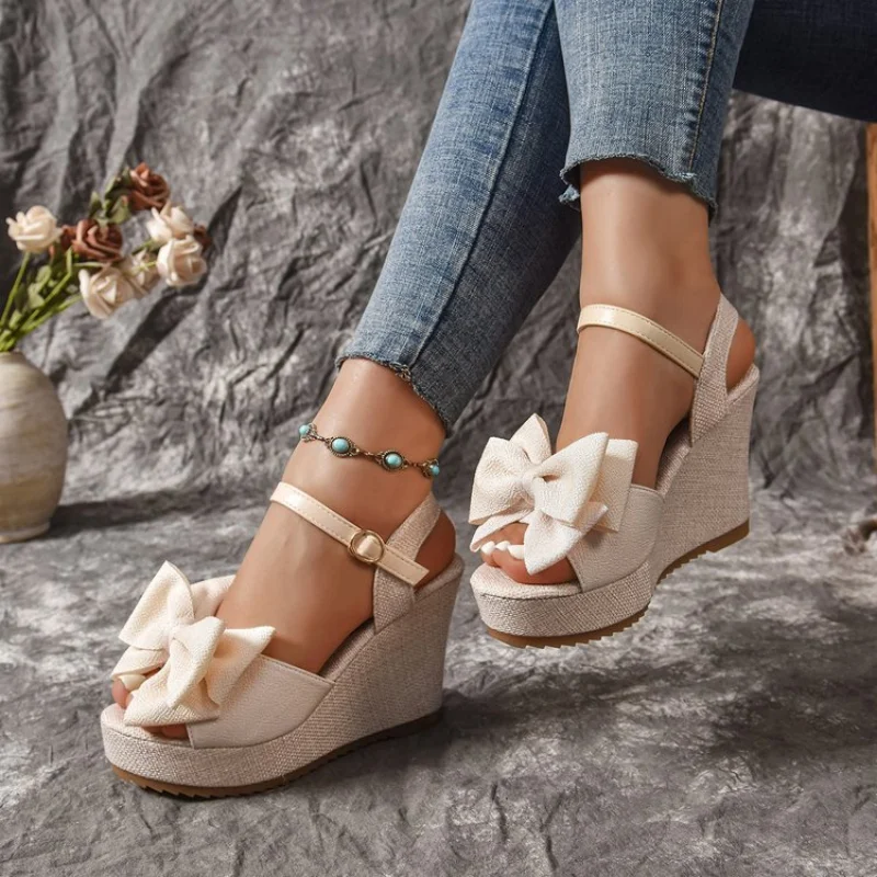 Summer Elegant Round Toe Butterfly Wedge Heel Sandals Fashionable Best Selling New Comfortable Plus Size Women's Shoes
