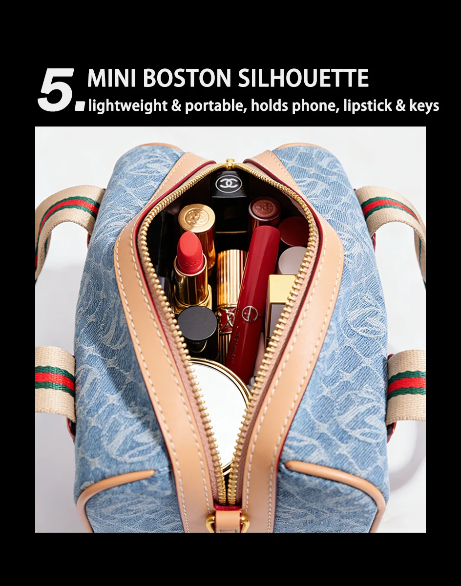 Women Vintage Denim Mini Boston Crossbody Bag With Removable Bear Charm Adjustable Strap Gold Hardware Casual Daily Handbag
