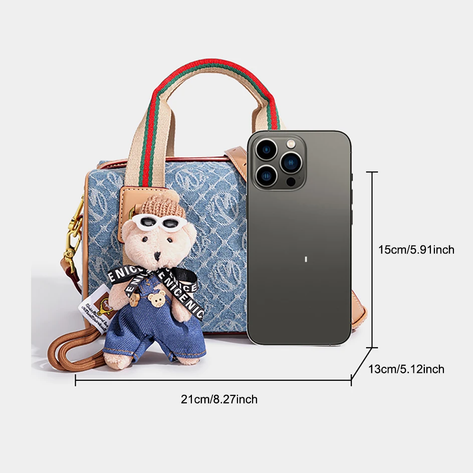 Women Vintage Denim Mini Boston Crossbody Bag With Removable Bear Charm Adjustable Strap Gold Hardware Casual Daily Handbag