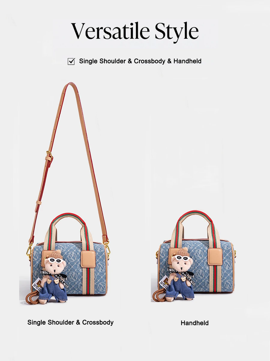 Women Vintage Denim Mini Boston Crossbody Bag With Removable Bear Charm Adjustable Strap Gold Hardware Casual Daily Handbag