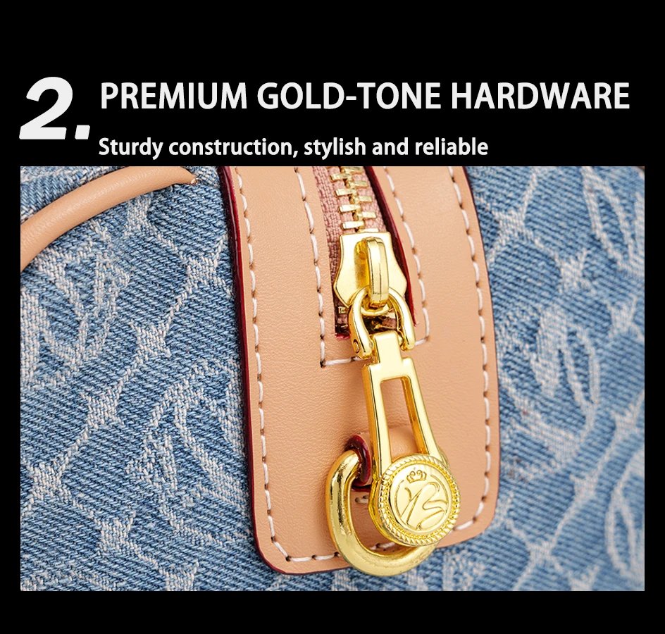 Women Vintage Denim Mini Boston Crossbody Bag With Removable Bear Charm Adjustable Strap Gold Hardware Casual Daily Handbag