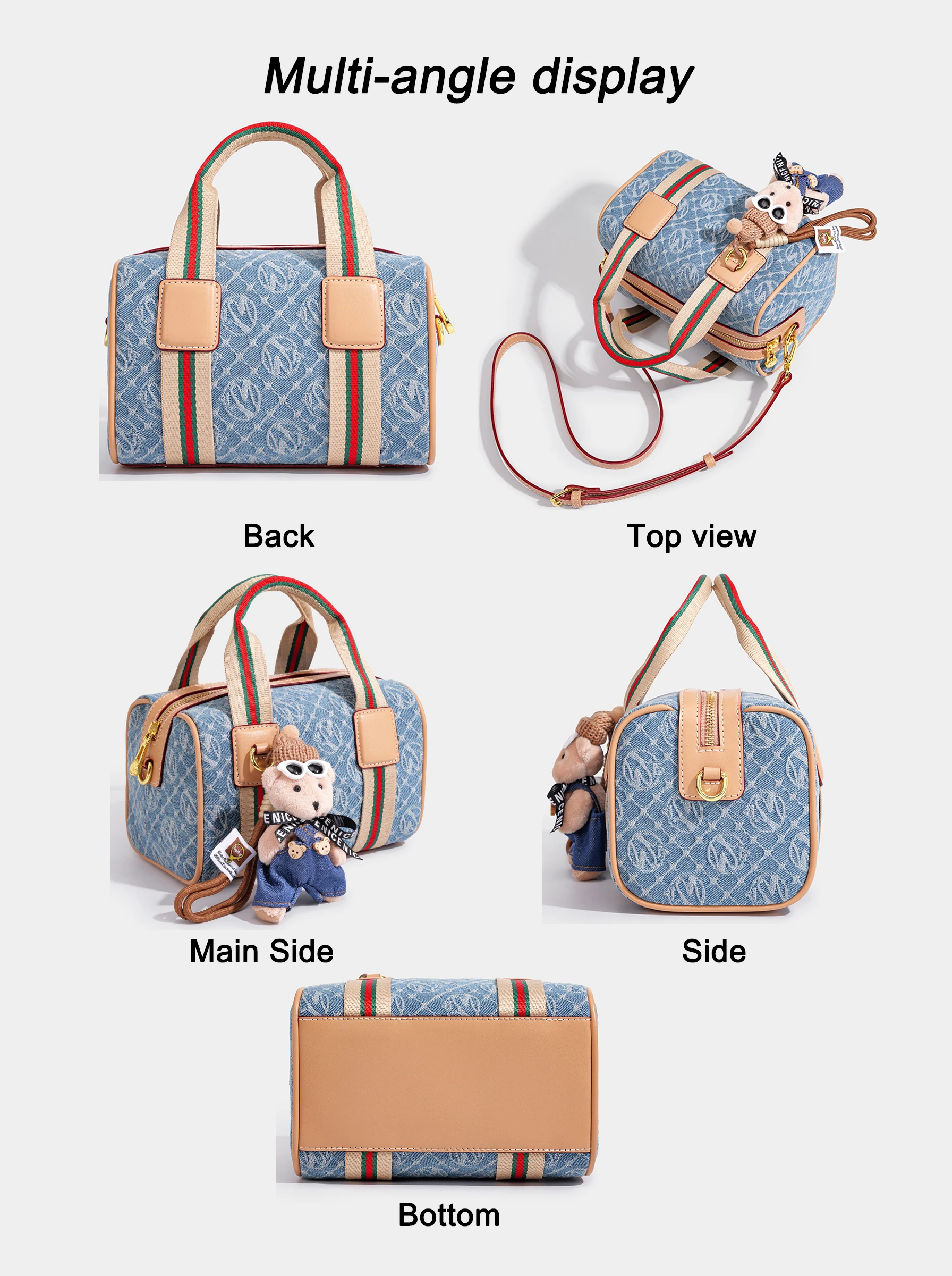 Women Vintage Denim Mini Boston Crossbody Bag With Removable Bear Charm Adjustable Strap Gold Hardware Casual Daily Handbag
