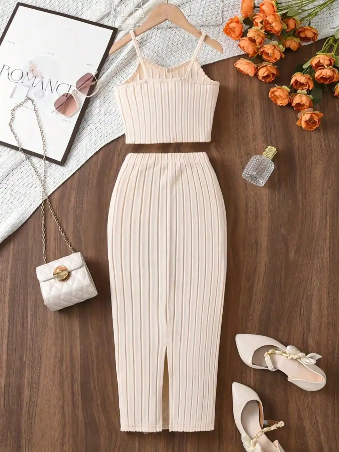 Elegant solid color knitted off shoulder dress set, strapless top paired with straight leg pants, suitable for young girls