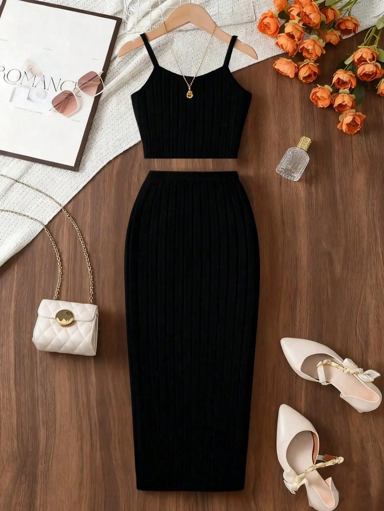 Elegant solid color knitted off shoulder dress set, strapless top paired with straight leg pants, suitable for young girls