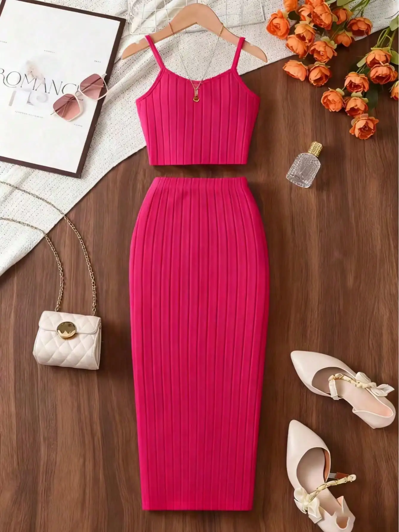 Elegant solid color knitted off shoulder dress set, strapless top paired with straight leg pants, suitable for young girls
